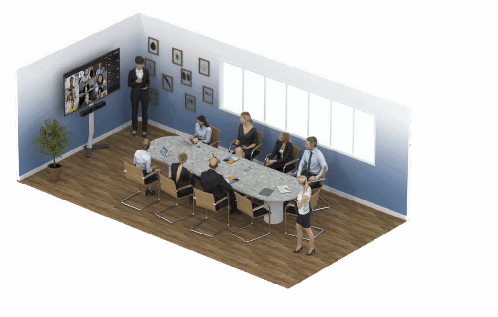 Grande salle de visioconférence équipée d’un grand écran et d’une table ovale