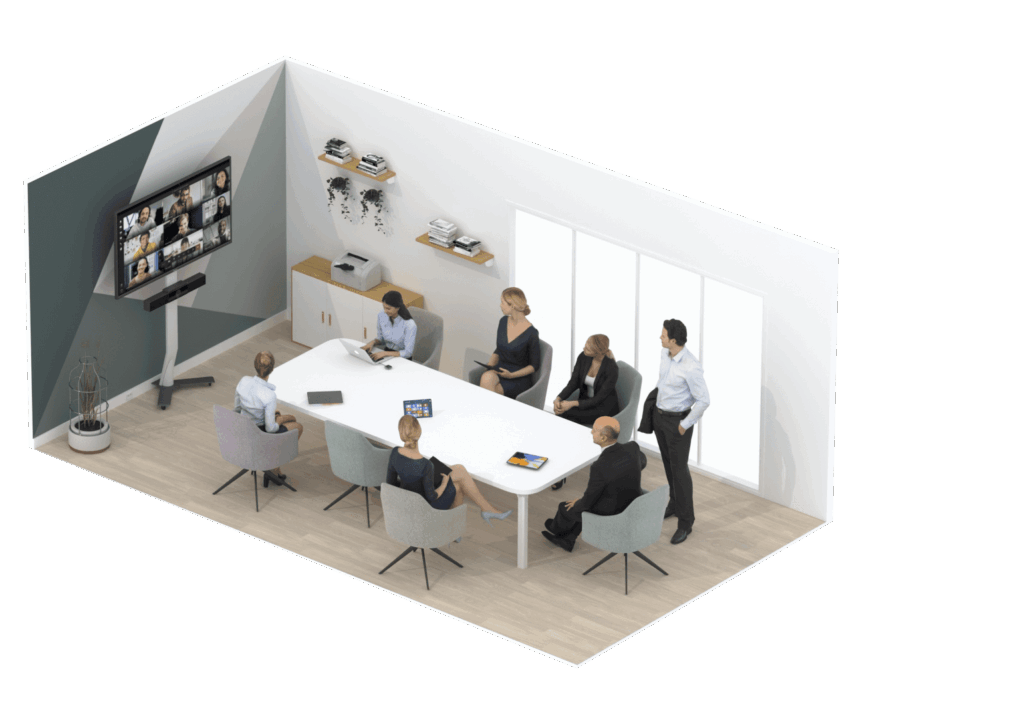 Salle de visioconférence moyenne avec table blanche et écran mural