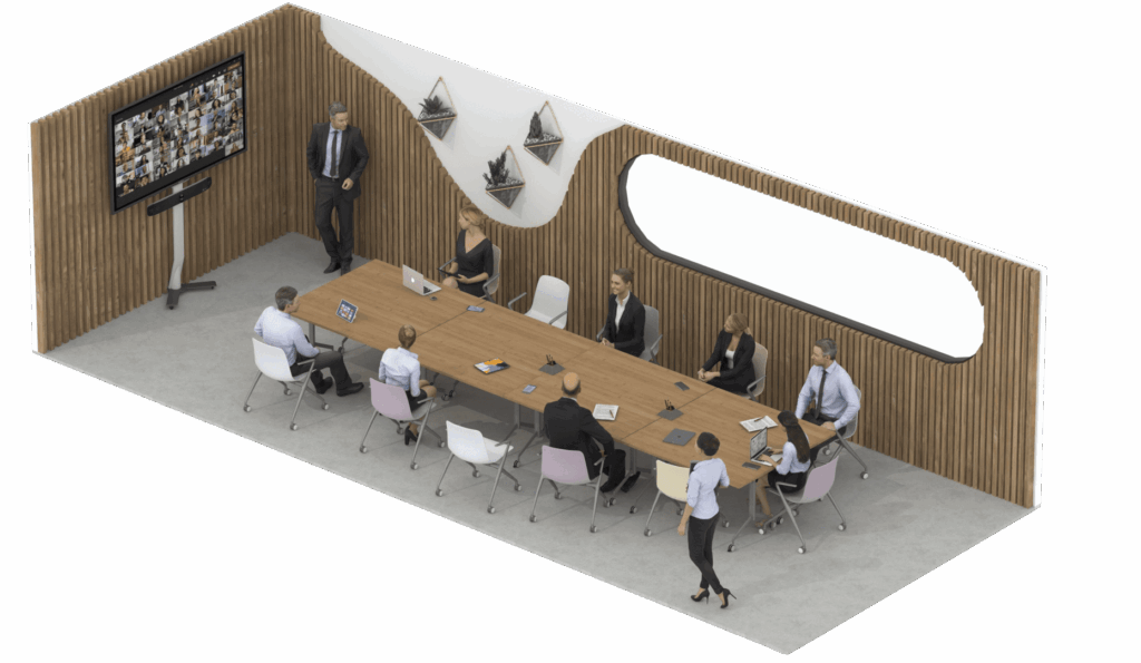 Grande salle de conférence équipée d’un écran et d’un mobilier design en bois